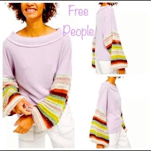 FREE PEOPLE Cha Cha sweater in Lilac Mist with multi colored sleeves NWT